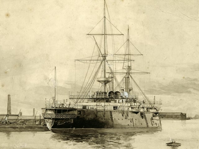 HMS Royal Oak a Royal Sovereign-class pre-dreadnought battleship at anchor in Portsmouth following her commissioning on 14 January 1896 at the Royal Dockyard Portsmouth, Portsmouth, England.  (Photo by Hulton Archive/Getty Images)