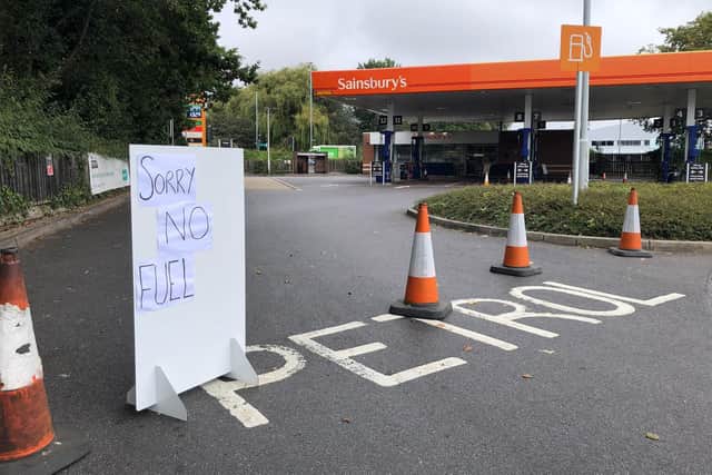No fuel at Sainsbury's in Farlington, Portsmouth, as queues build at the petrol station on September 25, 2021. Picture: Richard Lemmer