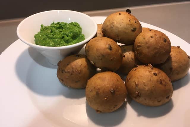 Malt wheat dough balls with wild garlic salsa, by Lawrence Murphy