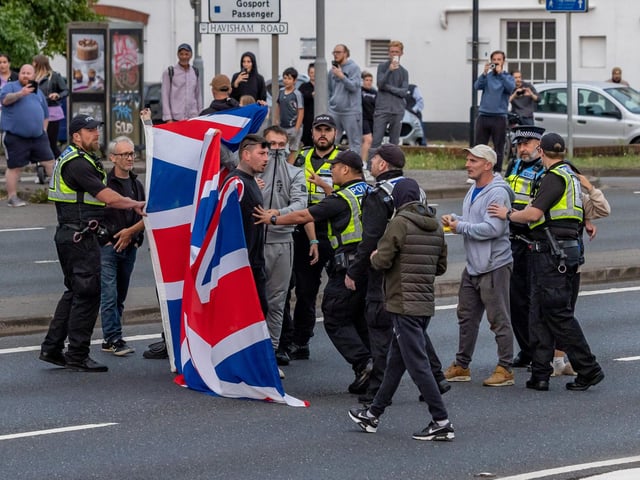 The M275 is brought to a standstill by Anti-immigration protesters. Picture: Mike Cooter (070824)