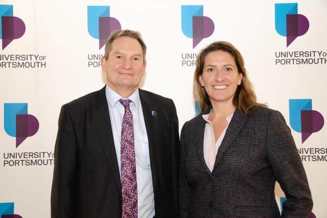Vice-chancellor Graham Galbraith with elite sailor and ocean ambassador, Dee Caffari MBE, at the launch of the Centre for Blue Governance.