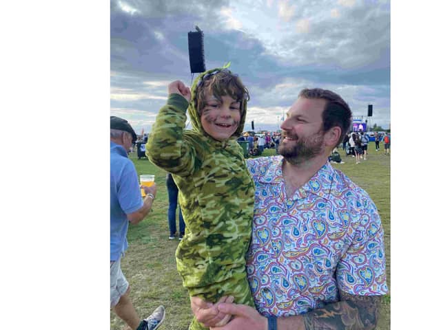 Rudy, four, with dad Rhys Bingham. Naval engineer Rhys is cycling from his childhood home in Leicester to his current home of Portsmouth to raise money for his son, who needs expensive ongoing healthcare.