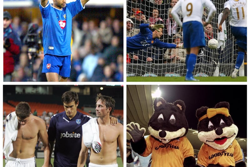 Clockwise (from top left): Thierry Henry dons a Pompey shirt, Rio Ferdinand can't save Sulley Muntari's penalty at Manchester United, the ill-fated US tour of 2010 culminates against DC United and Wolves mascot Wolfie.
