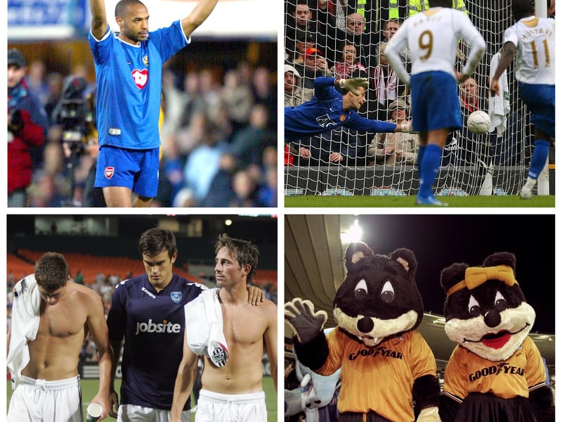 Clockwise (from top left): Thierry Henry dons a Pompey shirt, Rio Ferdinand can't save Sulley Muntari's penalty at Manchester United, the ill-fated US tour of 2010 culminates against DC United and Wolves mascot Wolfie.