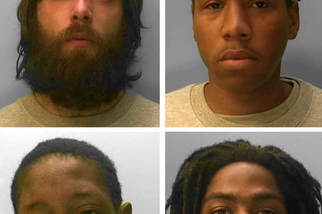 (top row left to right) Gregory Hawley, Lamech Gordon-Carew (bottom row left to right) Alize Spence and Duschane Meikle, who have been found guilty of the murder of film student Bill Henham. Picture: Sussex Police/PA Wire