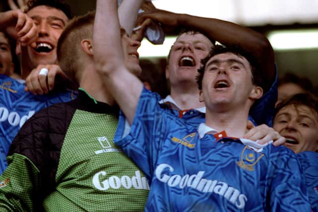 Alan McLoughlin celebrates Pompey's 1992 FA Cup quarter-final win over Nottingham Forest alongside Alan Knight, left.