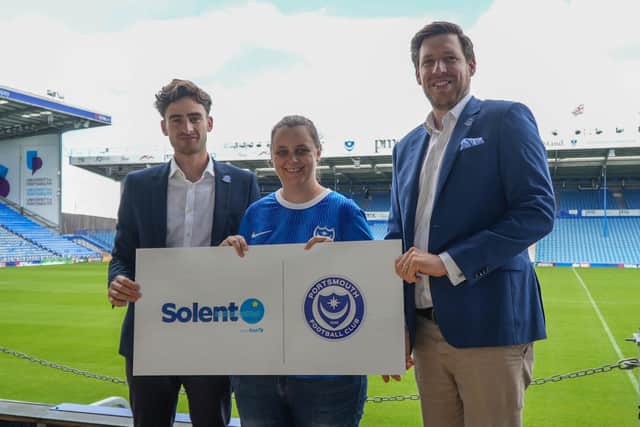 First Solent's Katie Dadd with Portsmouth FC's Lawrence Bisgrove and Mark Judges