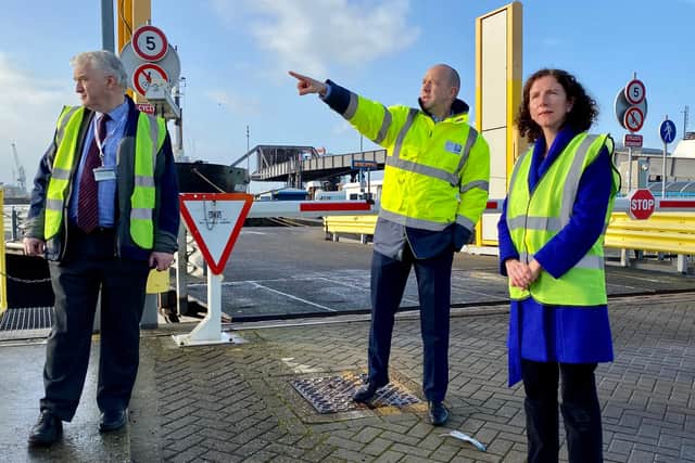 Labour's shadow chancellor Anneliese Dodds, right, pictured at Portsmouth International Port on December 11, 2020, with Mike Sellers, port director, middle, and Councillor Gerald Vernon-Jackson, leader of Portsmouth City Council, left. Photo: Tom Cotterill