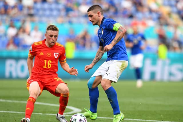 Joe Morrell in Euros 2020 action for Wales against Italy. Picture: Claudio Villa/Getty Images)