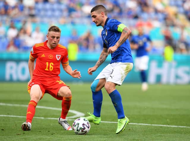 Joe Morrell in Euros 2020 action for Wales against Italy. Picture:  Claudio Villa/Getty Images)