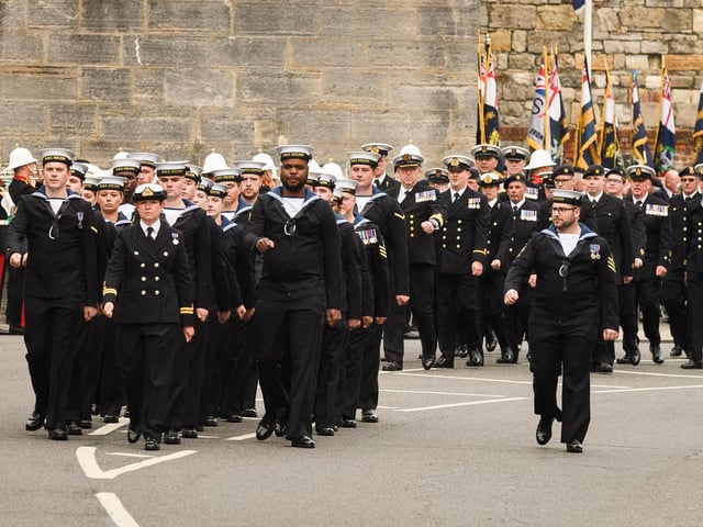 Pictured is: Royal Navy personnel leading the March Past. Picture: Keith Woodland (190621-317).
