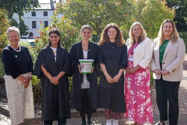 Mrs Jane Prescott, headmistress; Ashlyn Khan, deputy head girl; Phoebe Wilson, head girl; Juliette Binning, deputy head girl; Lucy Ashworth, Fundraising Events and media manager, The Sussex Snowdrop Trust; Mrs Katie Wood, head of sixth form.