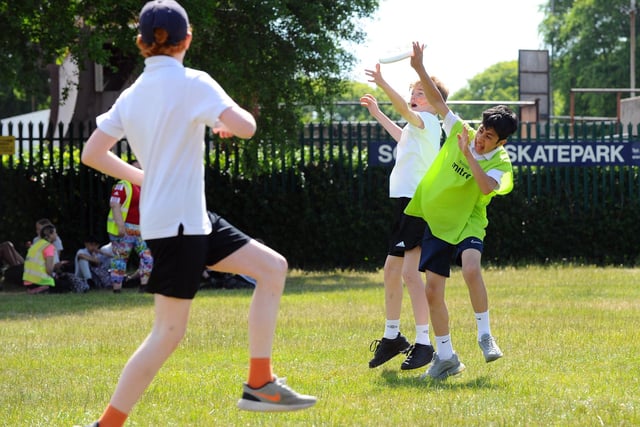 Year 7s have a go at Ultimate Frisbee. Picture: Sarah Standing (160622-6727)