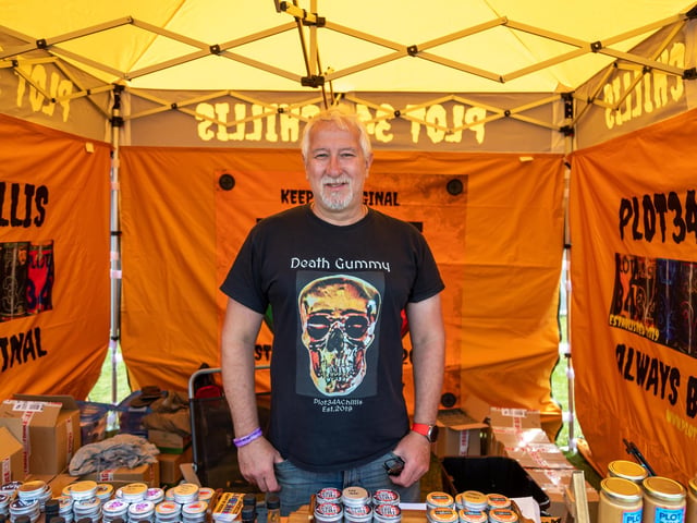 Steven Gibbs from Plot34aChillis (based in Bramley, Hampshire) advertises his extreme brand of gummies. Picture: Mike Cooter (210522)