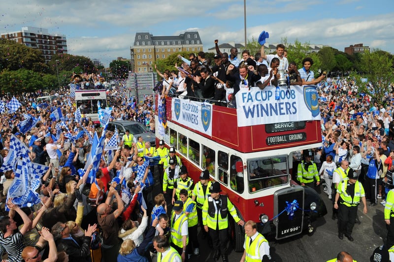 Pompey famously lifted the FA Cup trophy in 2008, these were the scenes of the victory parade in the city after that famous triumph. Where you there on that day? Picture: Malcom Wells (082235-5585)