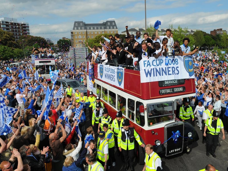 Pompey famously lifted the FA Cup trophy in 2008, these were the scenes of the victory parade in the city after that famous triumph. Where you there on that day? Picture: Malcom Wells (082235-5585)