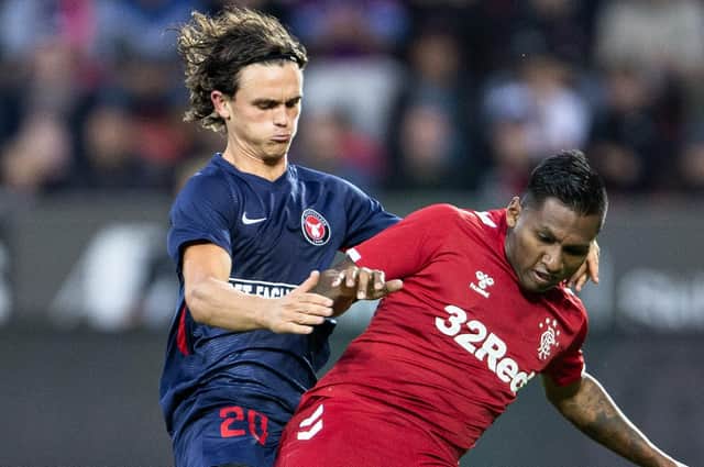 Rasmus Nicolaisen in action for Midtjylland against Rangers. Picture: HENNING BAGGER/AFP via Getty Images