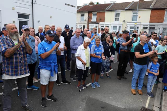 Applause at the unveiling of the new Pompey Pals information boards and new memorial to fallen Pompey players outside The Old Pompey Pub, Carisbrooke Road, Fratton
Picture: Chris Moorhouse (jpns 030922-17)