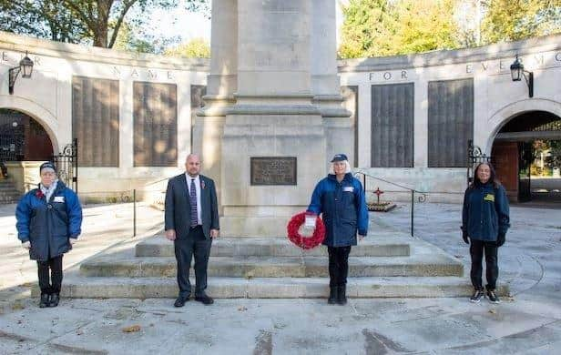 Remembrance service at Portsmouth Centotaph in 2020. Pictured (left to right) Tracy Ahearn, Steve Pitt, Jackie Hunt and Betty Burns