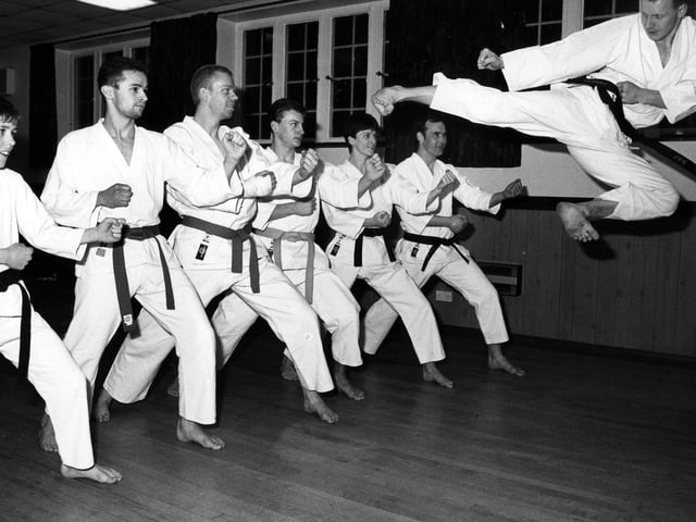 John Herring from Lovedean Karate club flying towars the rest of the group in 1991. The News PP4880