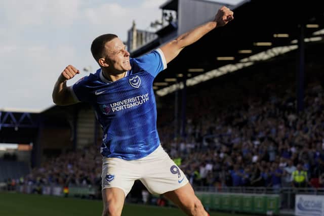 Colby Bishop celebrates his penalty for Pompey today against Port Vale. Pic: Jason Brown