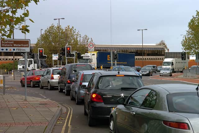 Three monitoring stations in Alfred Road in Portsmouth recorded an exceedence in the safe levels of NO2 this year.
Pictured: The traffic lights junction at Unicorn Road, Landport, Portsmouth, looking north towards Unicorn Gate, at the junction with Alfred Road and Market Way in 2006.
PICTURE: MICHAEL SCADDAN (064968-0205)