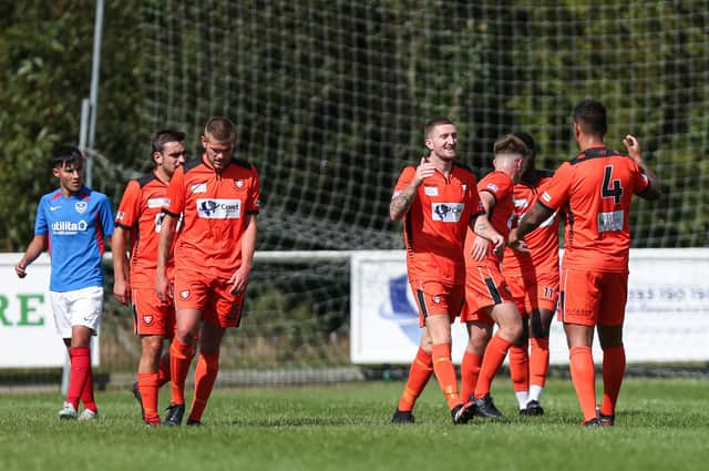 Lee Wort (fourth from left) has just scored one of his two goals in AFC Portchester's 3-0 friendly win over Portsmouth U18s at the weekend. He should make his competitive Royals debut against Sandhurst in the FA Cup on Tuesday night. Picture: Chris Moorhouse