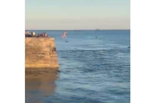 A girl jumps into the Solent tombstoning from Old Portsmouth on June 2 2020.