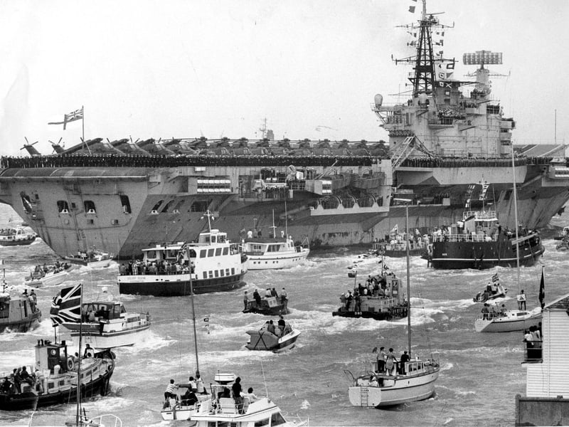HMS Hermes, the aircraft carrier, returns from the Falklands in 1982. The News PP4829