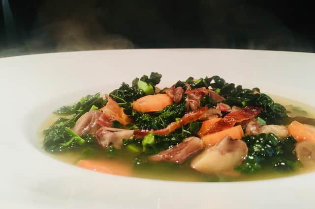 Turkey, bacon, chestnut and cabbage broth.