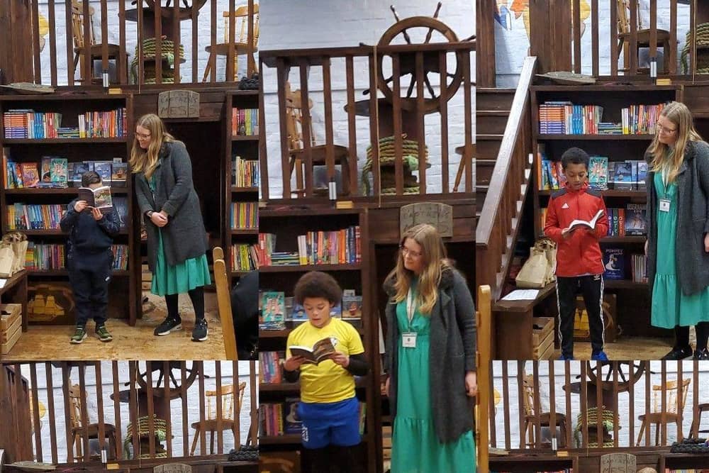 Child authors reading their story at the book launch with Senior Teacher Jennifer supporting
