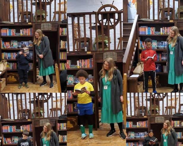 Child authors reading their story at the book launch with Senior Teacher Jennifer supporting