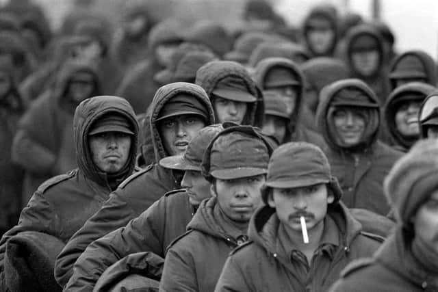 Argentinian prisoners of war at Port Stanley, capital of the Falkland Islands, waiting to be repatriated via Montevideo