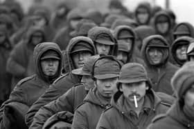 Argentinian prisoners of war at Port Stanley, capital of the Falkland Islands, waiting to be repatriated via Montevideo