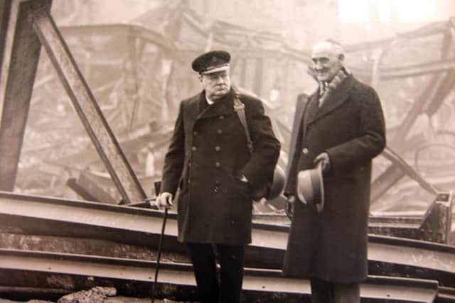 Winston Churchill and The Lord Mayor of Portsmouth Councillor Denis Daley touring Palmerston Road in Southsea after the blitz of January 1941