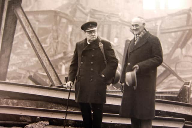 Winston Churchill and The Lord Mayor of Portsmouth Councillor Denis Daley touring Palmerston Road in Southsea after the blitz of January 1941