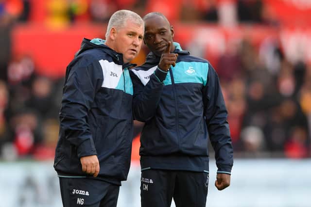 Nigel Gibbs, seen here with fellow coach Claude Makelele, during his time at Swansea, photographed in January 2017. Picture: Stu Forster/Getty Images