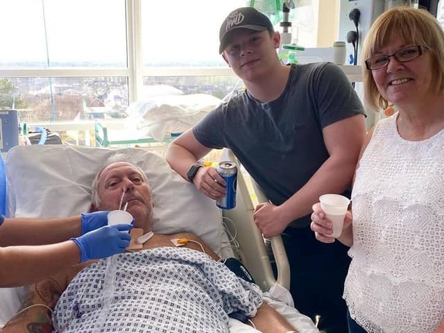 Paralysed Mark Jones, pictured being given beer through a straw, celebrates his grandson Jamie's 18th birthday while in Queen Alexandra Hospital.