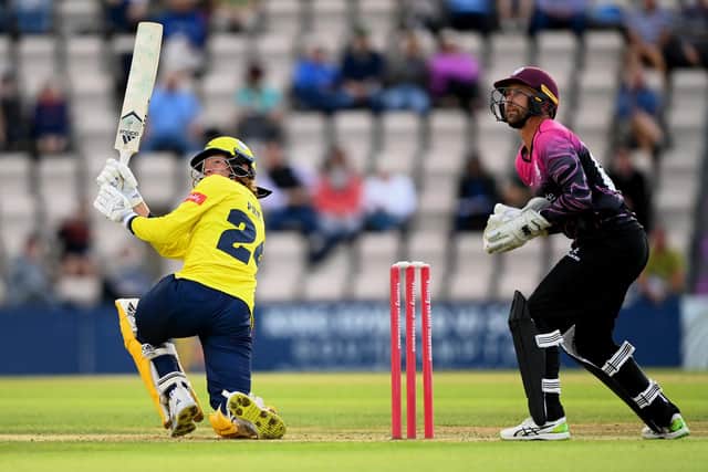 Tom Prest in action for Hampshire on his Vitality Blast T20 debut against Somerset. Photo by Alex Davidson/Getty Images.