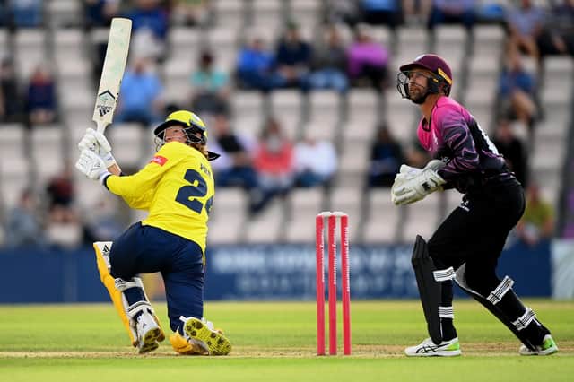 Tom Prest  in action for Hampshire on his Vitality Blast T20 debut against Somerset. Photo by Alex Davidson/Getty Images.
