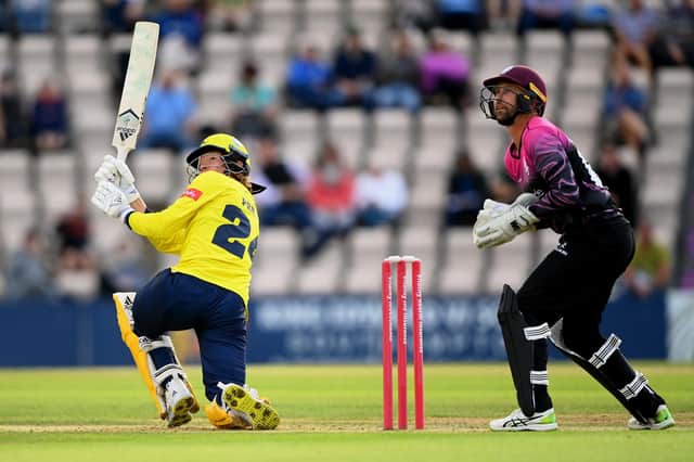Tom Prest in action for Hampshire on his Vitality Blast T20 debut against Somerset. Photo by Alex Davidson/Getty Images.