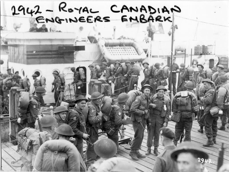 Royal Canadian Engineers on board an LCI(L) alongside South Parade Pier, about to embark for Normandy. Probably after D-Day.