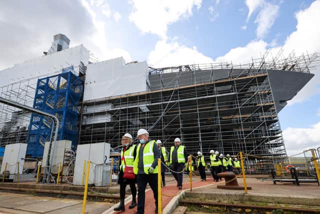 The new HMS Glasgow, pictured under construction,  was visited by veterans of the former Falkands-era destroyer, HMS Glasgow, during an event marking the 40th anniversary since the start of the conflict.