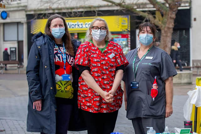 Booster jabs are being offered to homeless people at Commercial Road, Portsmouth on Friday 24th December 2021

Pictured: Social prescribing team manager, Zoe Knight, clinical director of Brunel PCN, Carole Phillips and clinical pharmacy technician, Anthea Hayes 
Picture: Habibur Rahman
