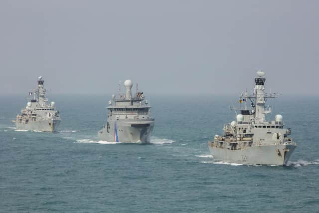 On Monday, HMS Kent conducted a photographic exercise with HMS Westminster and Icelandic Coastguard ship Thor during the first day of exercise Dynamic Mongoose. Picture: Credit: LPhot Dan Rosenbaum