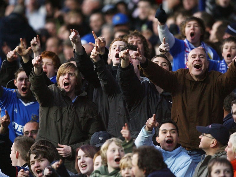 Pompey fans during an FA Cup tie against Plymouth Argyle at Fratton Park in January 2008. Photo by Ryan Pierse/Getty Images