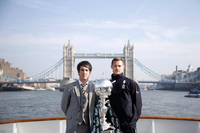 Brett Poate pictured with Cambridge United's Ian Miller ahead of Gosport Borough's 2014 FA TRophy final. Photo by Tom Shaw - The FA.