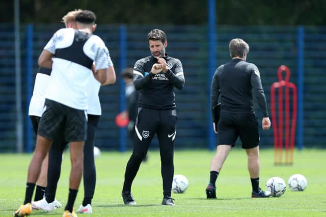 Danny Cowley oversees Pompey's return to pre-season training on Monday. Picture: Chris Moorhouse (jpns 280621-21)