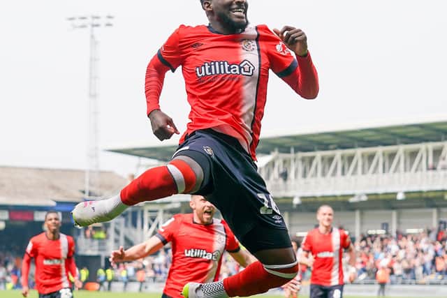 Shandon Baptiste celebrates scoring his first goal for Luton during the 1-0 win over Coventry - pic: Duncan Jack.