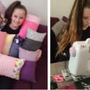 Rosie Niven, 12 from Buckland, is creating colourful cushions to raise funds for children's mental health charities. Pictured: Rosie with some of her creations and, right, hard at work